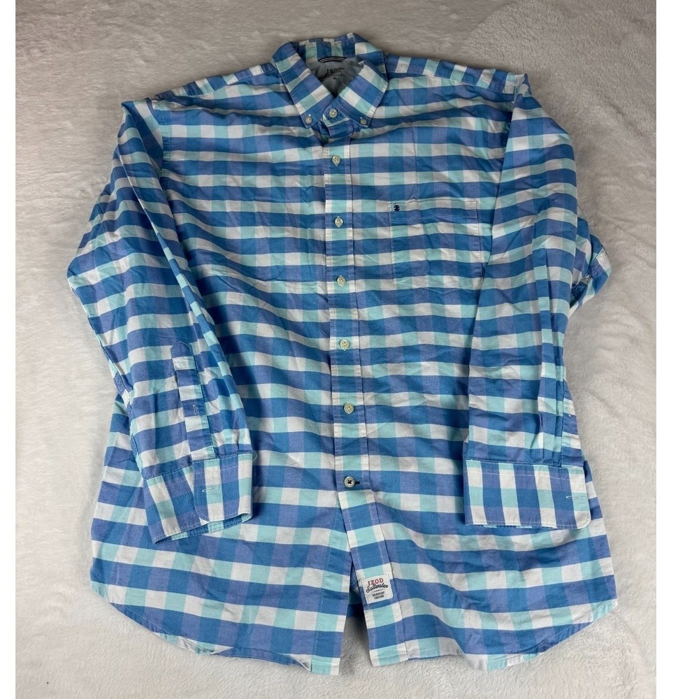 IZOD Saltwater Classic Shirt Men's XL Multi Plaid Relaxed Fit Collar Button Down